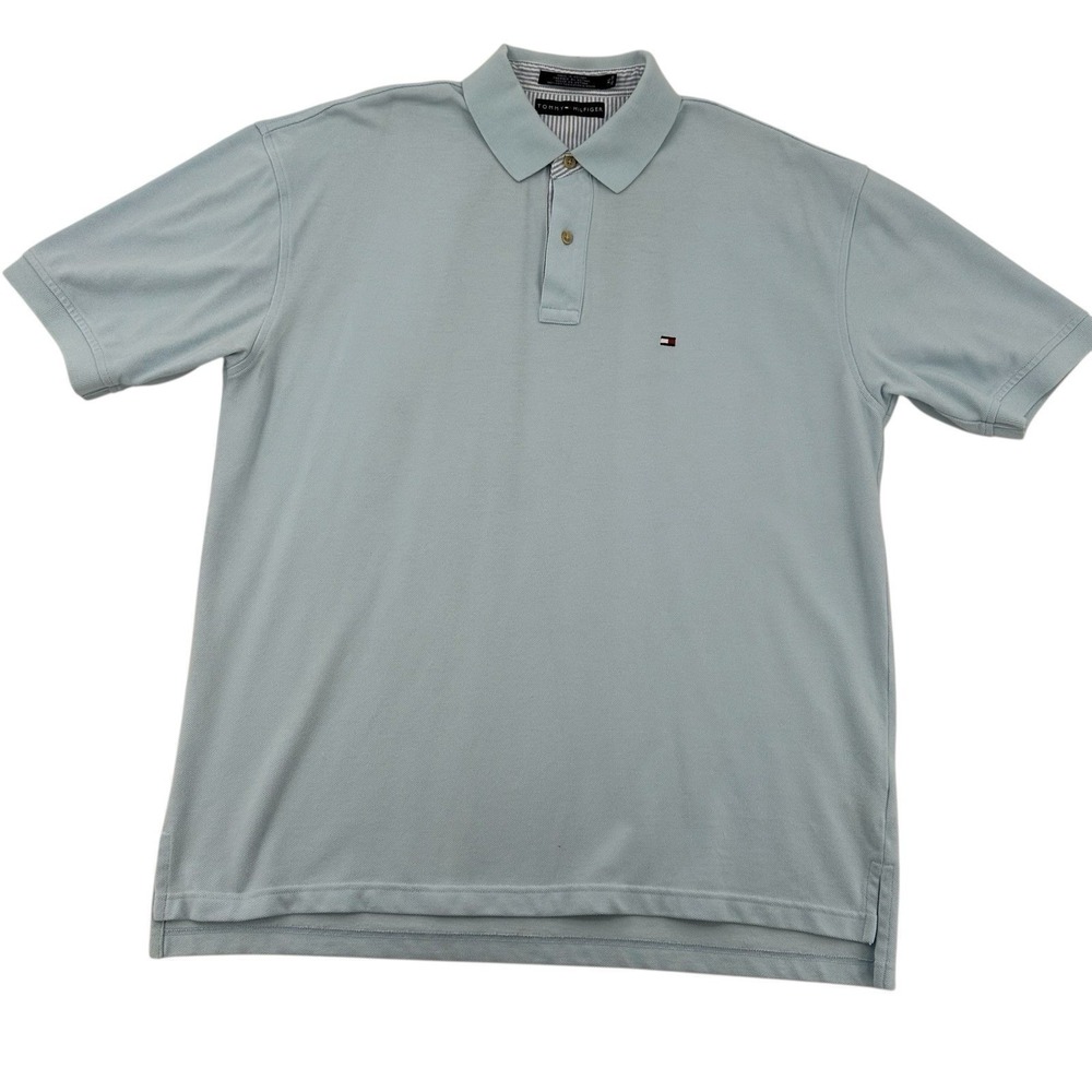 Tommy Hilfiger Men XL Polo Shirt Light Blue Short Sleeve Cotton Pique Casual
